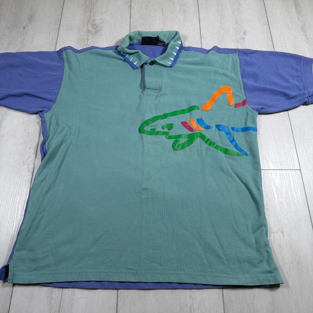 Greg Norman Shirt Mens Large Green Blue Big Logo Shark Golf Polo Multicolor